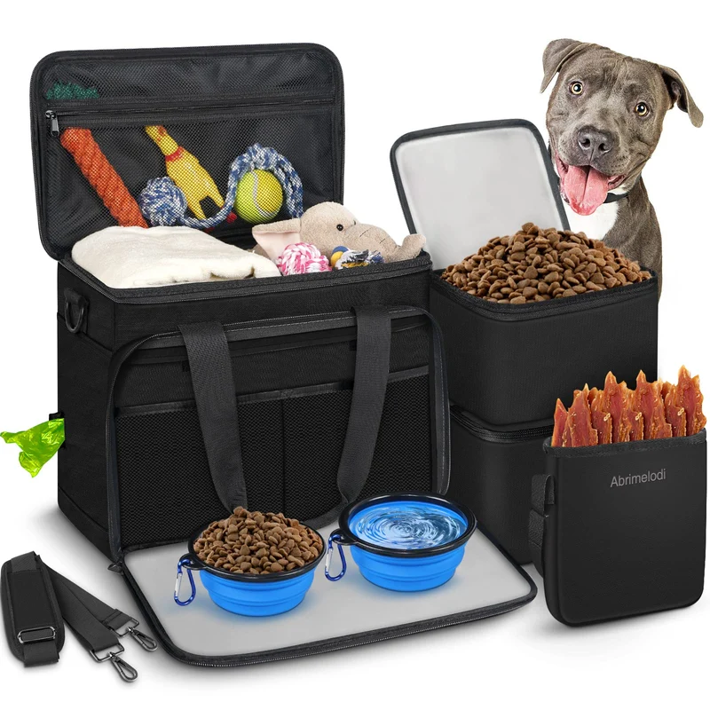 Abrimelodi – Sac de Voyage pour Chien 6 Pièces | Grand Kit Voyage Pour Animaux – Contenants, Bols Pliables, Organisateur – Noir