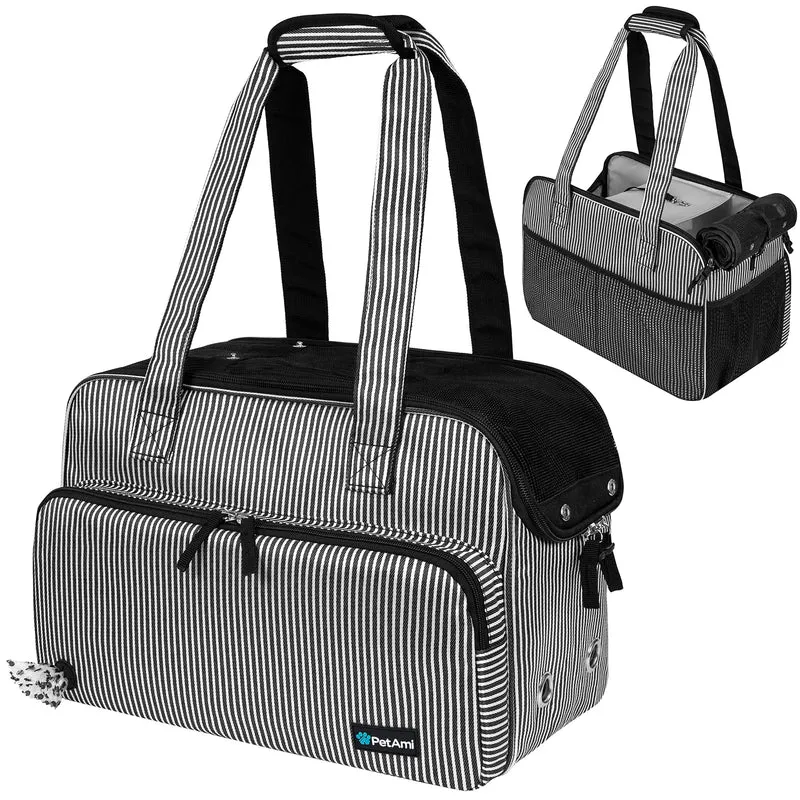 PetAmi Sac porte-chien petit format – Transport doux et aéré, poches pratiques, jusqu’à 8 kg, Rayures noires