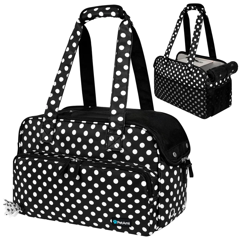 PetAmi Sac Porte-Chien Petit Modèle — Sacoche de Voyage Aérée, Distributeur de Sacs, Noir à Pois, 8 kg max