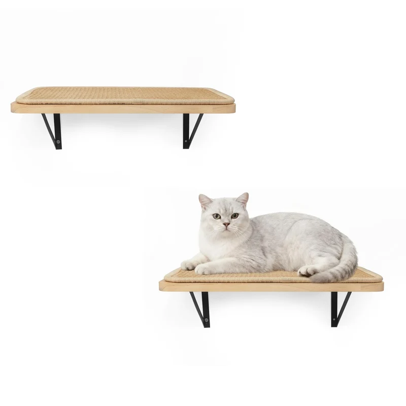 PELUMOZ 2PCS Étagères Murales pour Chats avec Tapis Grattoir – Étagères Flottantes en Pin Massif, Perchoir près de la Fenêtre