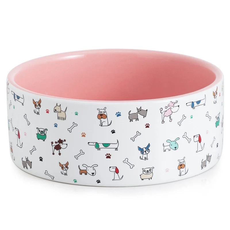 FE FUN ELEMENTS Bol Chien en Céramique – Grand 64oz, Nourriture et Eau, Motifs Adorables (Grand, Rose)