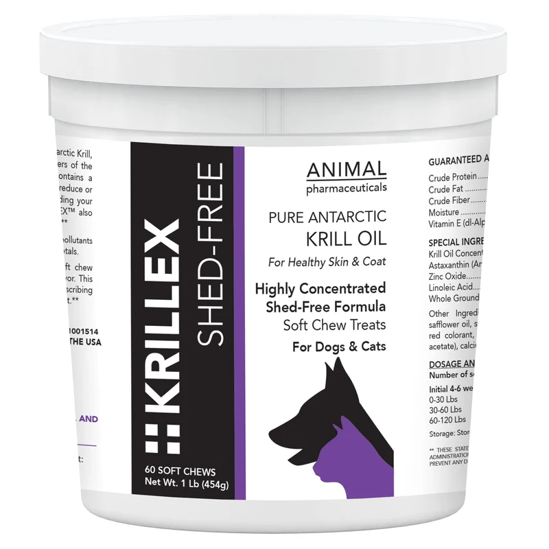 Animal Pharmaceuticals Krillex Shed-Free Chews – Huile de krill pour chiens et chats | Soutien du pelage et de la peau – 60 bouchées au fromage