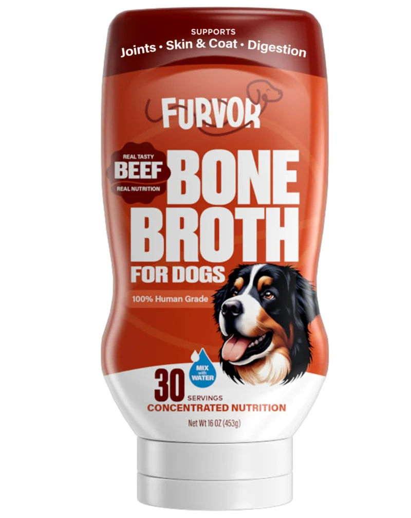 Concentré de bouillon d’os de bœuf Furvor pour chiens – Protéines de collagène, digestion, mobilité, pelage – Topper sain, qualité humaine, fabriqué aux États‑Unis (16 oz, 30 portions)