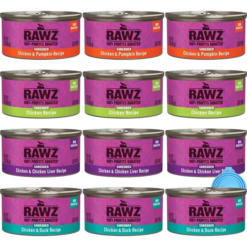 Rawz - Nourriture humide premium en conserve pour chat - Lot 12 x 3 oz - Saveurs Poulet & Canard, Poulet & Foie, Poulet & Citrouille, Poulet