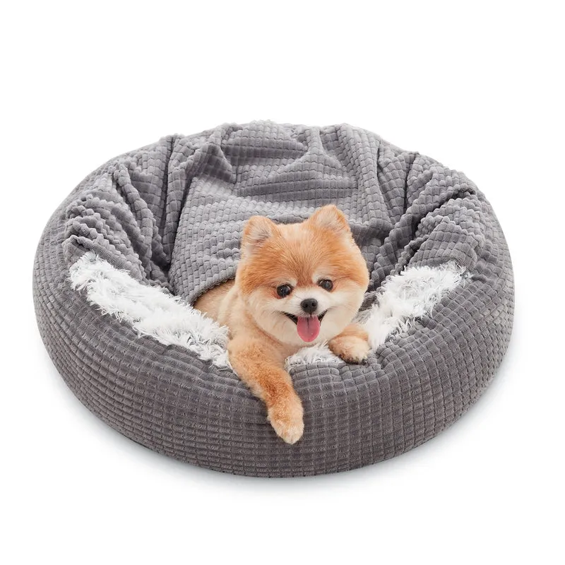 MixJOY Lit Capuche Rond pour Petits Chiens et Chats – Couverture Attachee et Base Anti-Derapante (23/26 po)