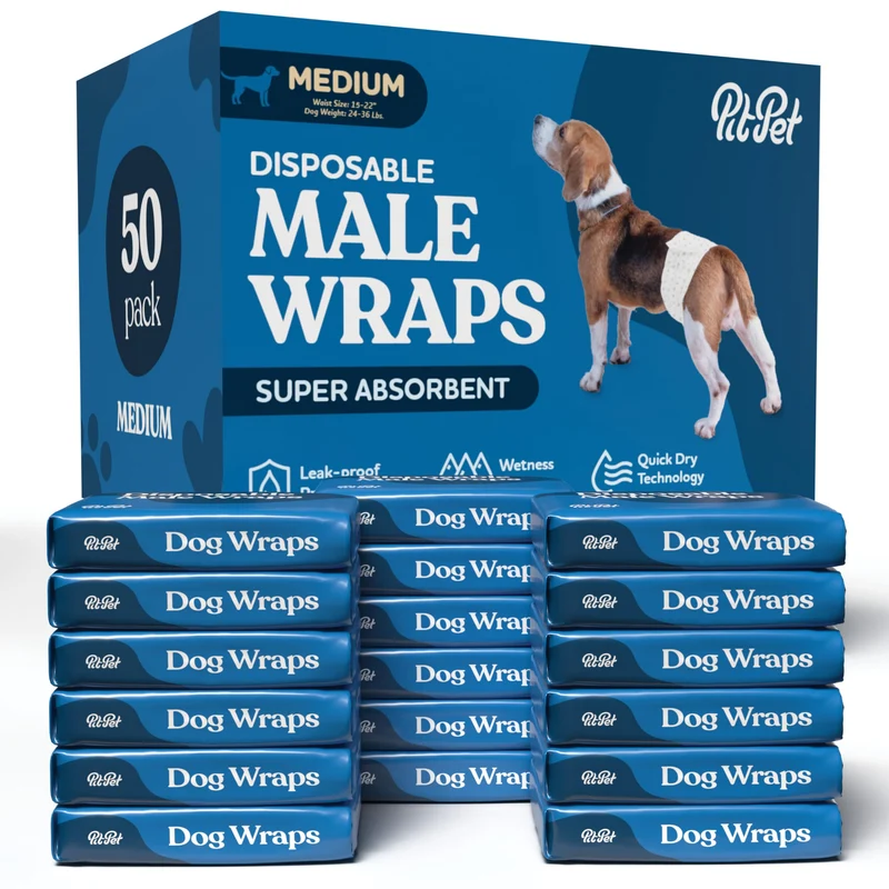 PitPet Couches Mâle Wrap Absorbantes – Lot de 50, Gel FlashDry, Indicateur d'Humidité
