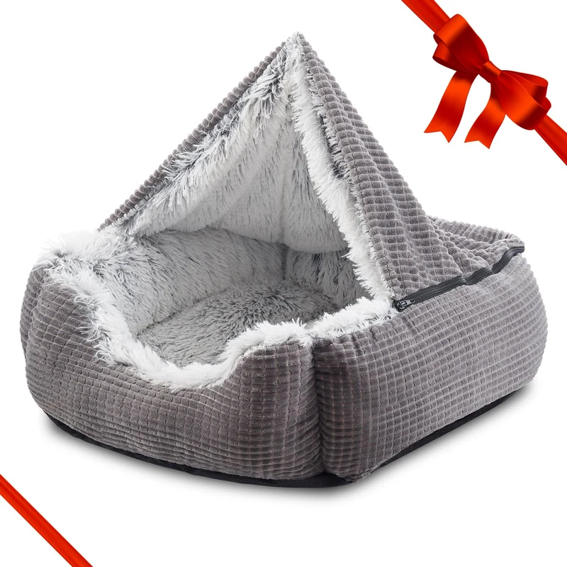 MIXJOY Lit pour petits chiens 20 po – cave avec capuche, confort orthopédique pour chats d’intérieur (gris)