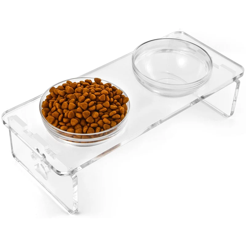 Gamelles surélevées Feoyoho pour chien moyen – Support en acrylique 5,5 po avec 2 bols inox et 2 bols verre amovibles