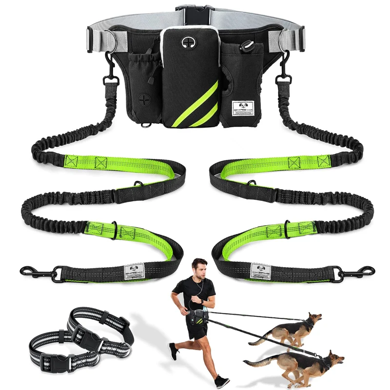 SHINE HAI Laisse Sans Main Rétractable pour 2 Chiens – Double Élongations, Ceinture Ajustable 33–48 pouces, 72 pouces d’allonge, Réfléchissante – Noir/Vert