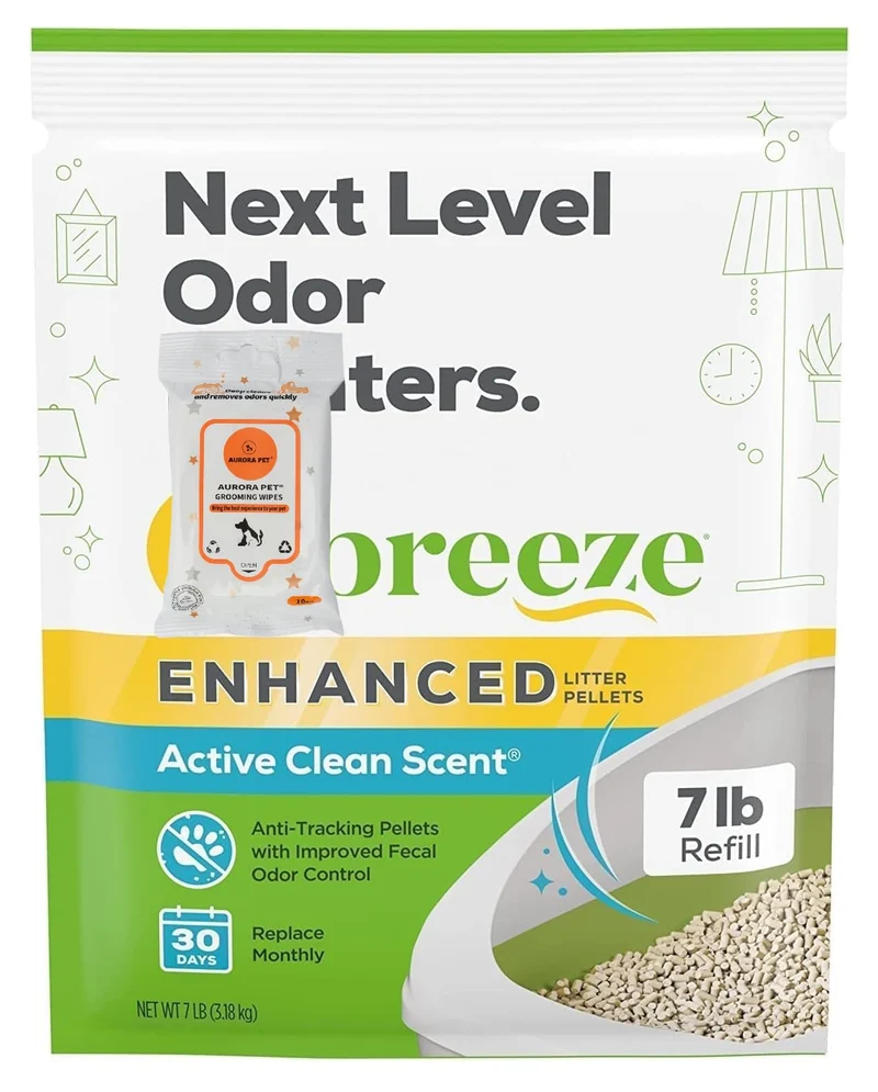 Aurora Pet Cat Breeze Granulés pour Litière – Recharge 3,2 kg avec Lingettes Care, Parfum Actif Frais
