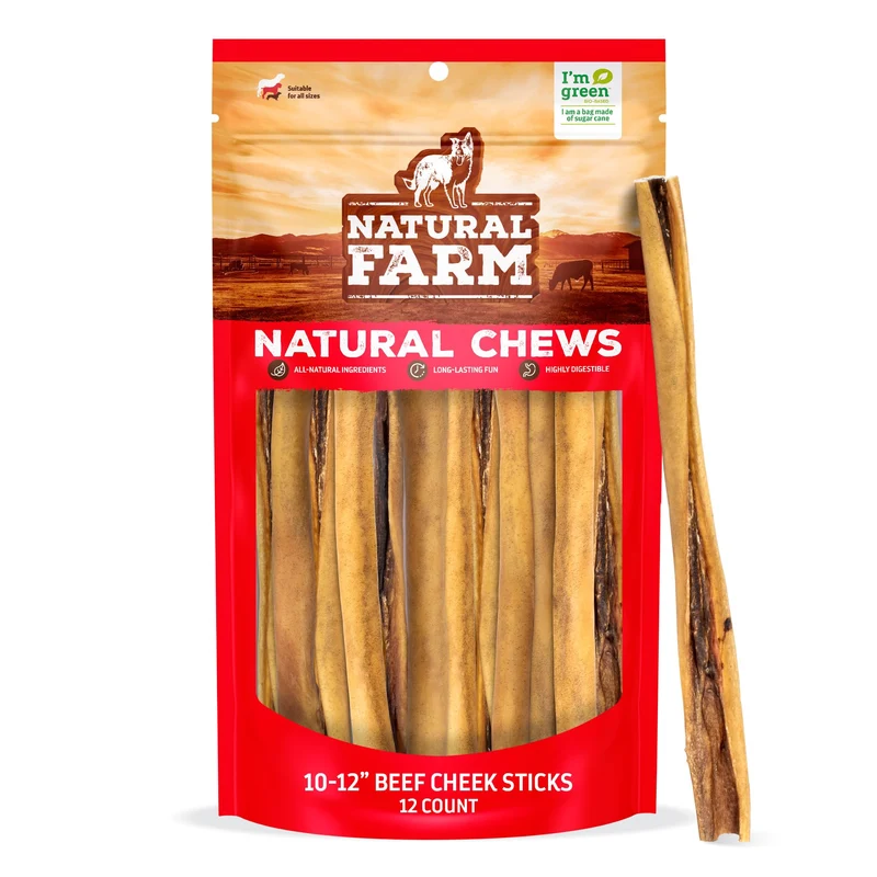 Natural Farm Bâton de Joue de Boeuf — 12 pièces, 10-12 pouces, Alternative naturelle au Bully Stick, Protéines élevées