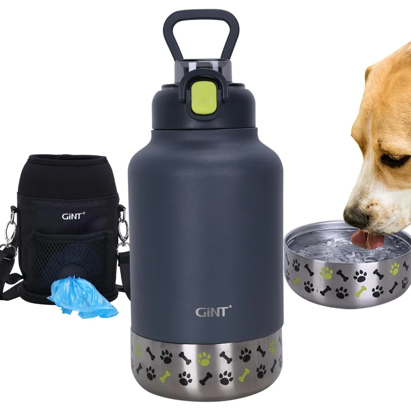 GiNT Bouteille d'eau inox 37oz pour chien et humain — bol amovible, isolation double, sac de transport
