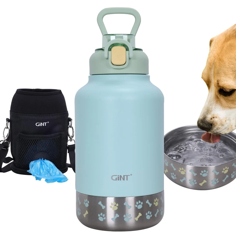 GiNT Bouteille d'eau isotherme 37oz pour chiens et humains – Bol amovible, étui de transport, 24h froid / 12h chaud, vert