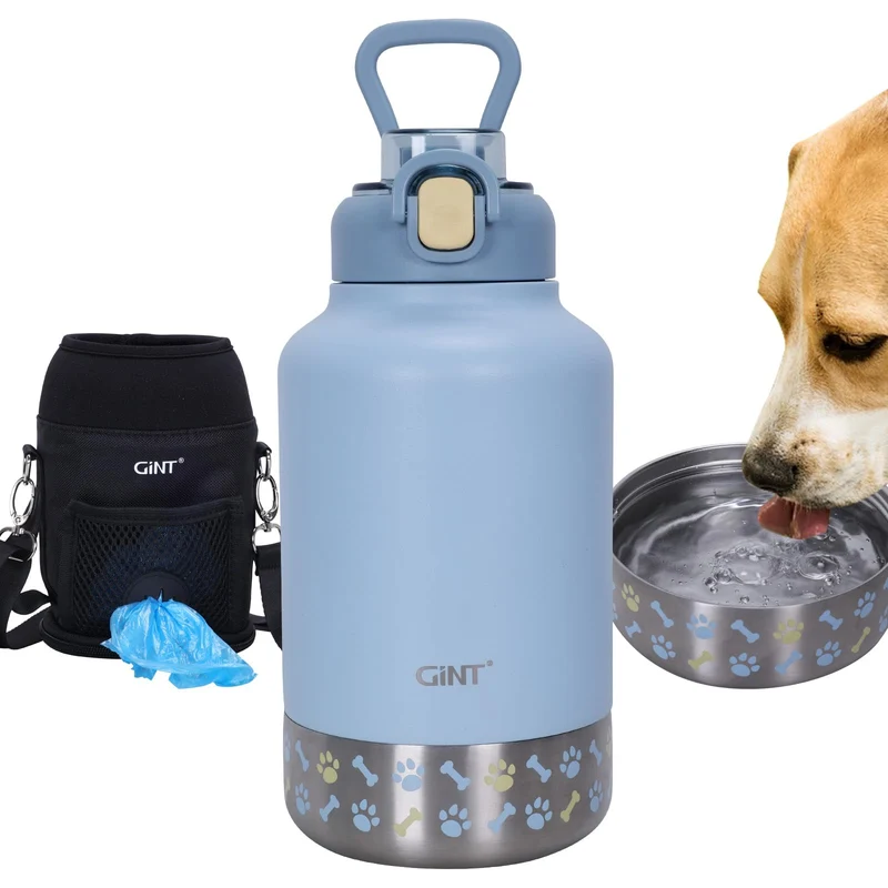GiNT 37oz Bouteille isotherme en inox – Hydratation pour chien et humain, Bol détachable & Étui de transport – Bleu