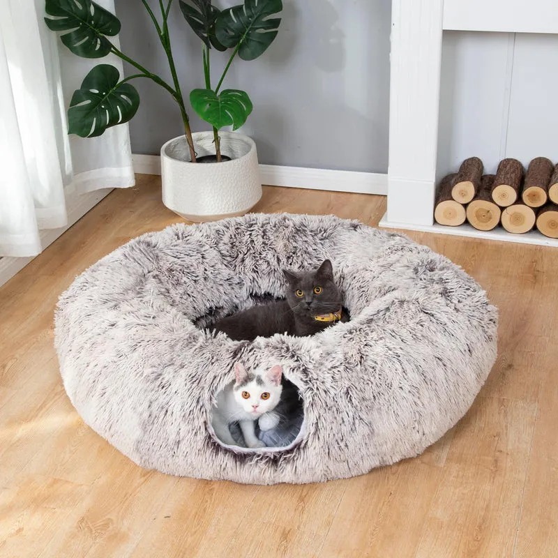 LUCKITTY Tunnel Peluche 2-en-1 — Tente et Couchage pour Chats et Petits Animaux (diamètre 90 cm)