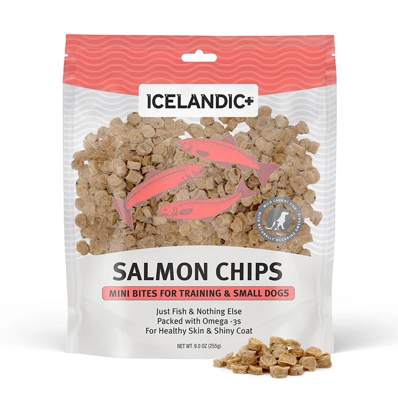 Icelandic+ Mini Fish Chips : Saumon 9oz – Friandises pour chiens petits, entraînement et récompense, 2 ingrédients