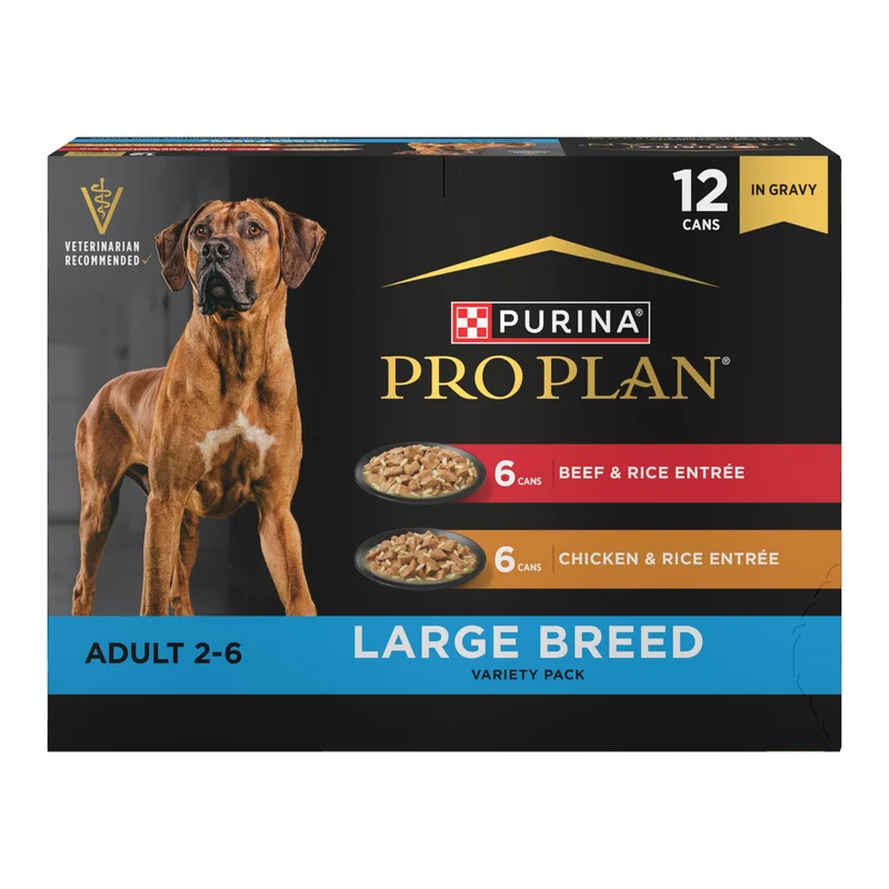 Purina Pro Plan Large Breed – Poulet et Riz et Boeuf et Riz en Sauce, Pack de 12 boîtes 13 oz