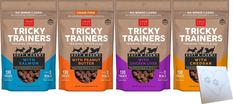 CHRONOS ENTERPRISES LLC – Cloud Star Tricky Trainers Sans Céréales Pack Variété (4 Saveurs, 5 oz chacun, 20 oz total) + Bloc-notes Pet Paws