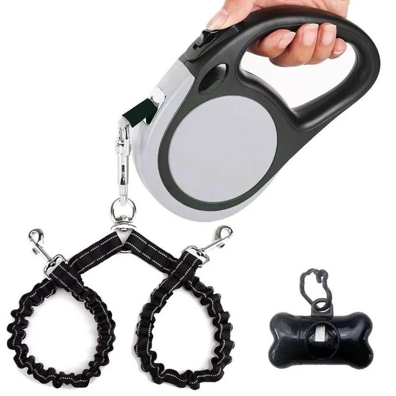 YaLunpc Laisse Double Rétractable pour Deux Chiens – 16 pieds, jusqu’à 110 livres chacun, Gris