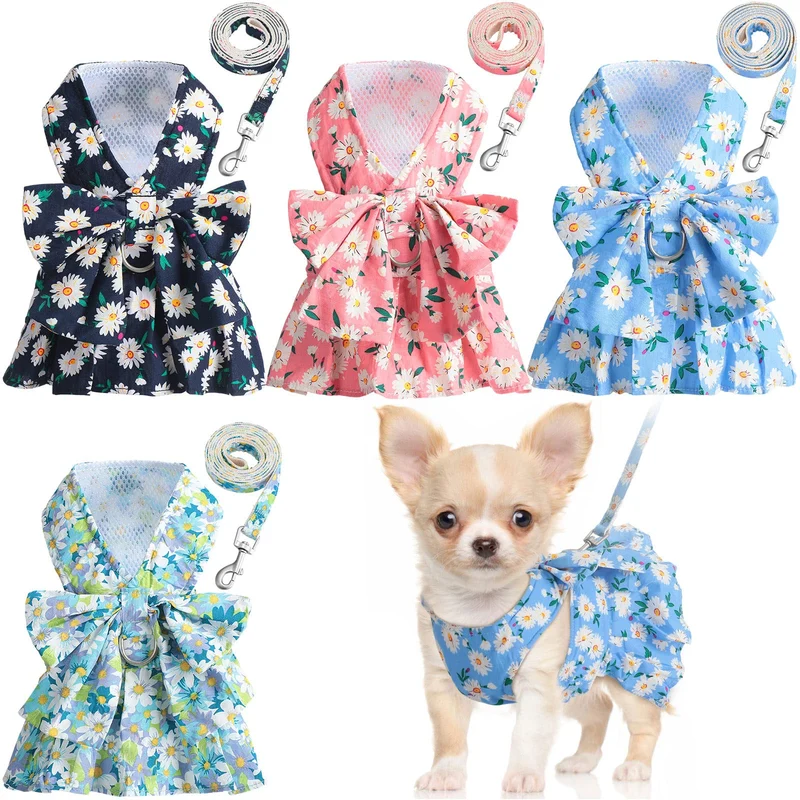 Sanwuta Ensemble Harnais Robe à Nœud floral – 4 couleurs pour petits chiens (XS)
