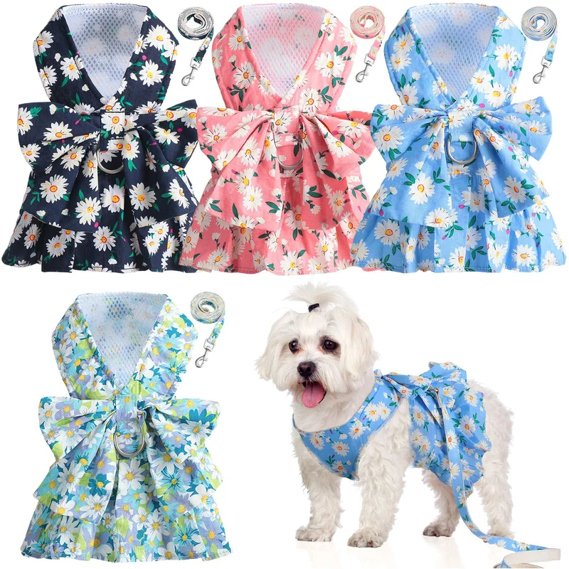Sanwuta – Lot Harnais Robe Chien à Nœud et Laisse – 4 Couleurs (Taille Médium)