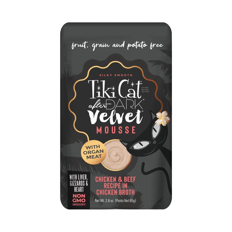 Tiki Cat After Dark Velvet Mousse – Poulet & Boeuf, sans céréales ni pomme de terre, haute protéines, organes nutritifs, sachets 2,8 oz (12x)