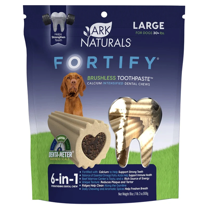 ARK NATURALS Fortify – Bouchées dentaires sans brosse pour grandes races, sac de 18 oz – Calcium, Oméga et Centre moelle de bœuf