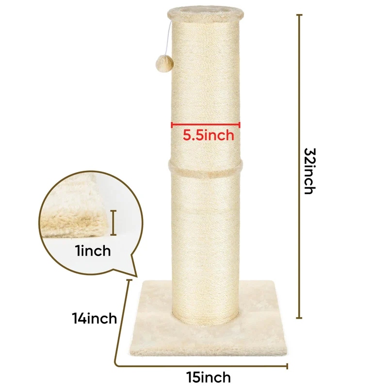 PAWSCRAT Poteau à Gratter pour Chat — 32 Pouces, Sisal Naturel, Diamètre 5,5 Pouces, Beige