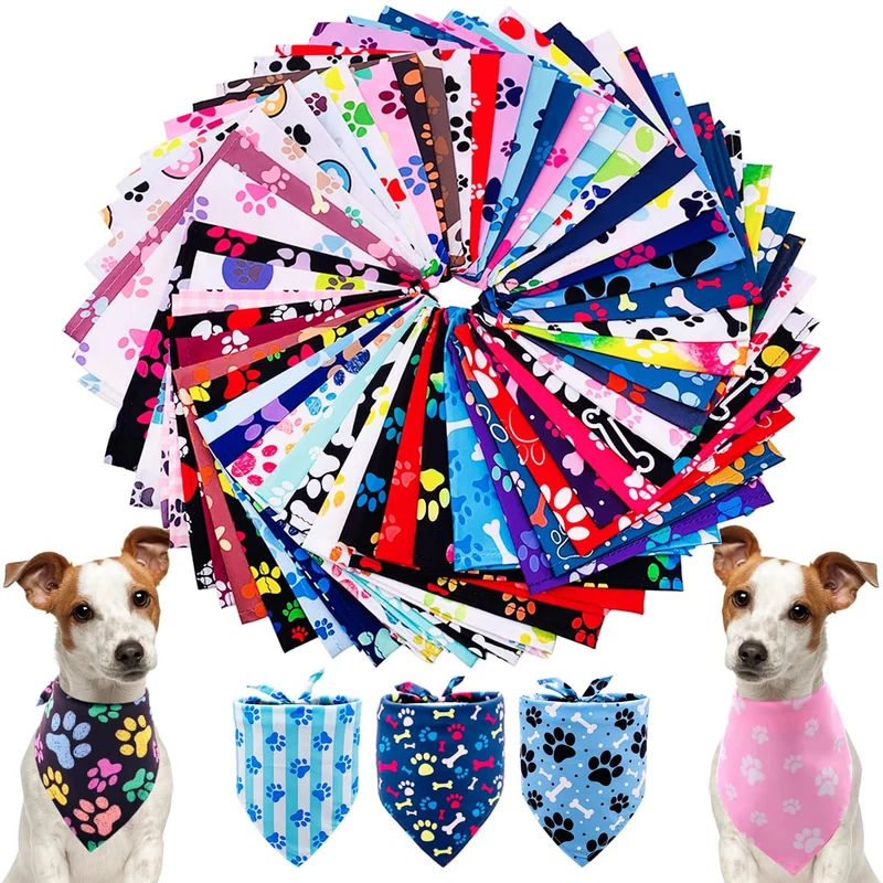 PET SHOW – Lot de 50 bandanas triangulaires imprimé patte pour chiens et chats