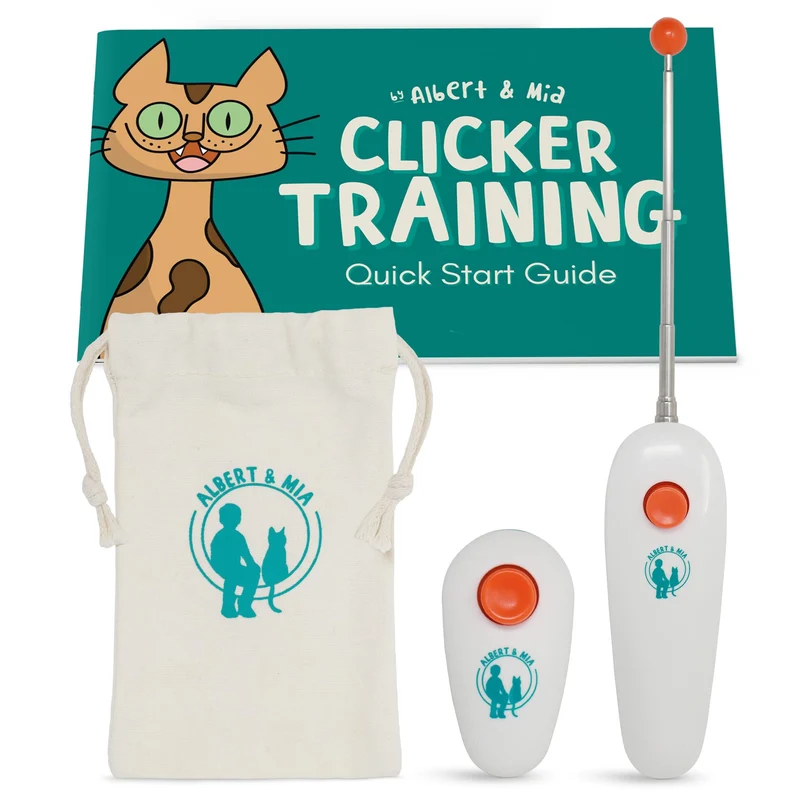 ALBERT & MIA Kit d'entraînement pour chat (4 pièces) – Clicker silencieux, Clicker cible, Pochette à friandises et Guide débutant