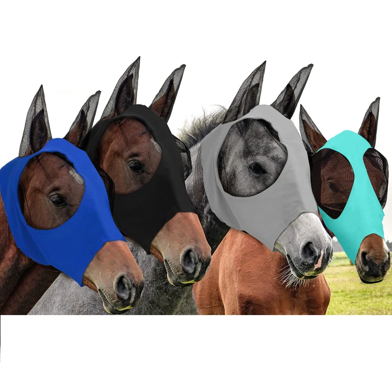 Frienda 4 Masques anti-mouche pour chevaux avec oreilles — Grand, Noir Gris Bleu Menthe — Protection UV