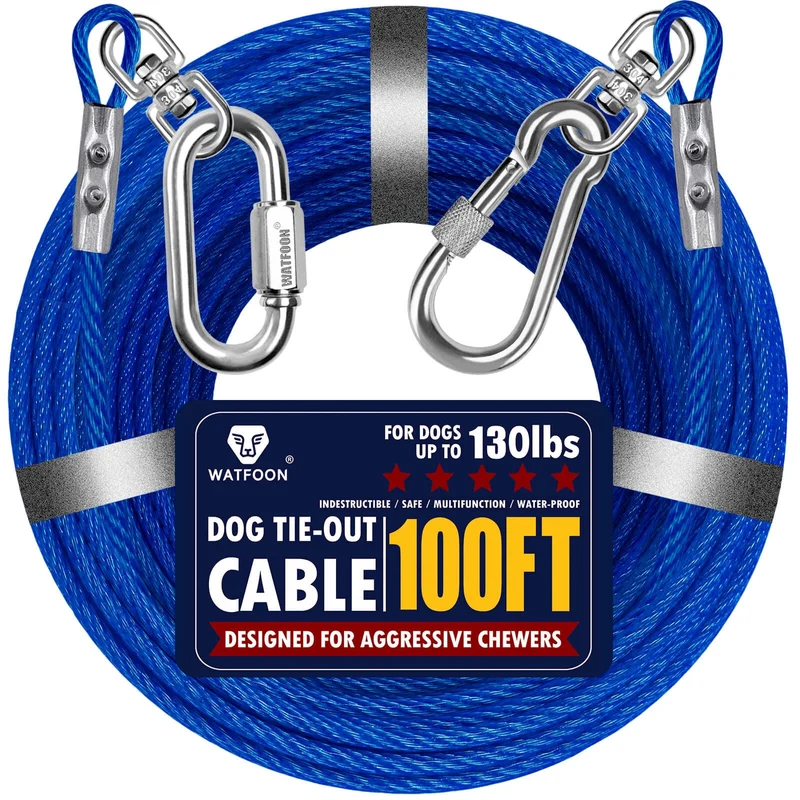 WATFOON Longe Extérieure pour Chien – Câble Acier 100 ft, Résistante et Anti-Mâchage, Pour Chiens jusqu’à 130 lb – Bleu