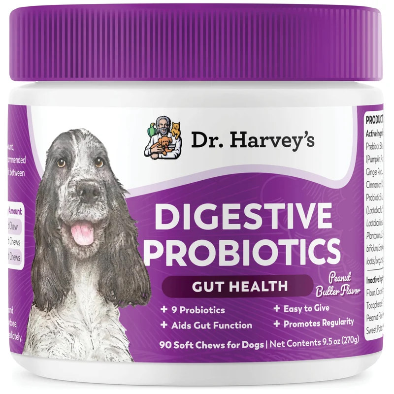 Dr. Harvey's Gommes Probiotiques Digestives pour Chiens – 9 Probiotiques, Soutien Digestif, Saveur Beurre de Cacahuète, 90 Gommes