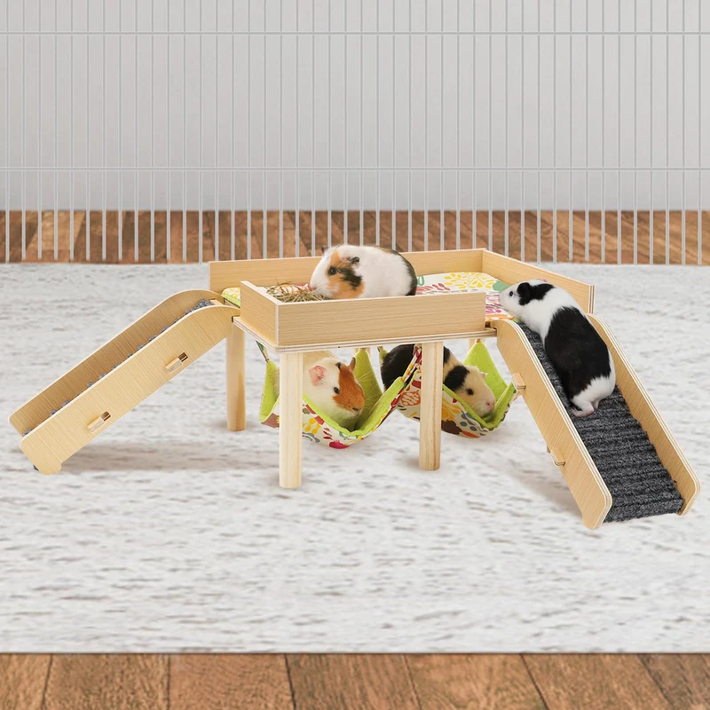 MEWTOGO Hamac pour Cochons d'Inde – Plateforme en bois avec Cachette et Escaliers