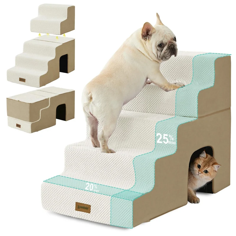 ZOMISIA Escaliers pour Chats et Petits Chiens – 5 Étapes, 24'' Hauteur, Tunnel 2-en-1 Beige