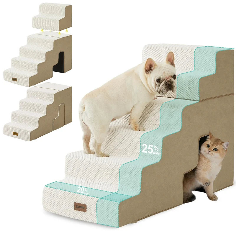 ZOMISIA Escaliers pour chien - 6 niveaux, 29 pouces, tunnel 2 en 1, beige