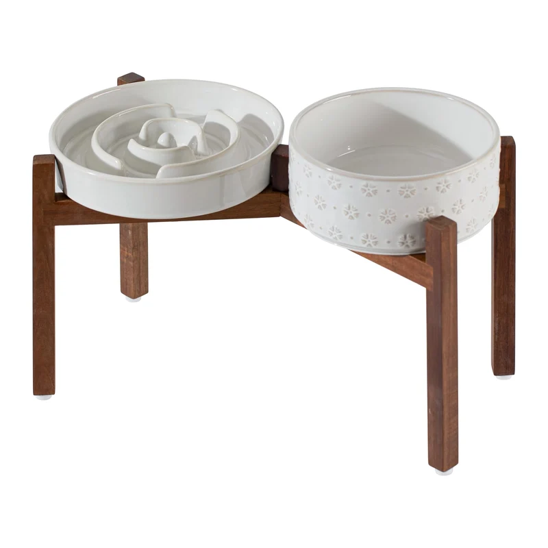 Bol surélevé en céramique Havniva pour chien – 1,6 tasse, support en acacia