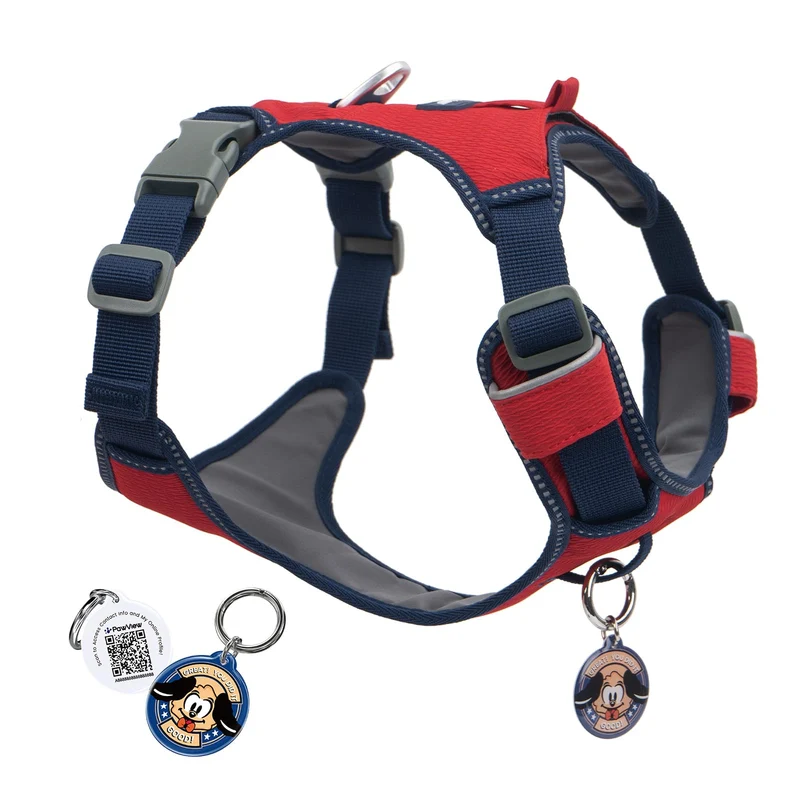 Harnais anti-traction PawView pour chiens moyens et grands – Clip avant/arrière, poche, QR, réfléchissant, rouge