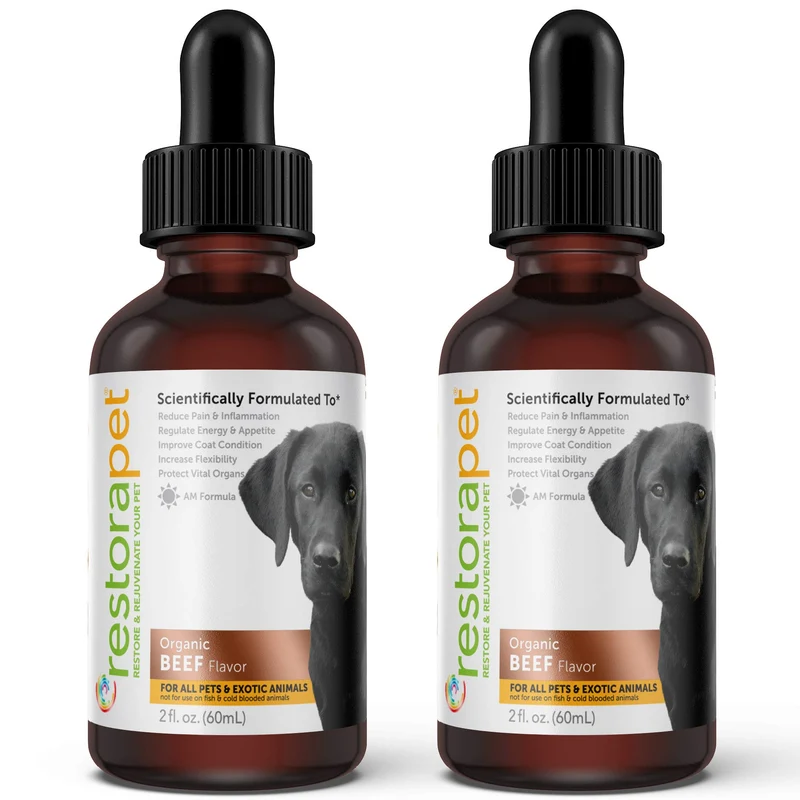 RestoraPet – Ensemble de deux flacons de multivitamines liquides boeuf pour chiens et chats – Soutien des articulations, bio et sans OGM, approuvé par les vétérinaires
