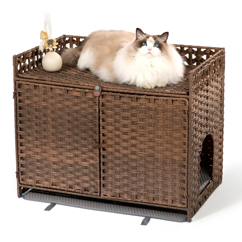 Furriends Boîte d’Abri pour Litière Chats — Rotin Tissé, 30.3''L x 18.2''W x 24.2''H, Marron