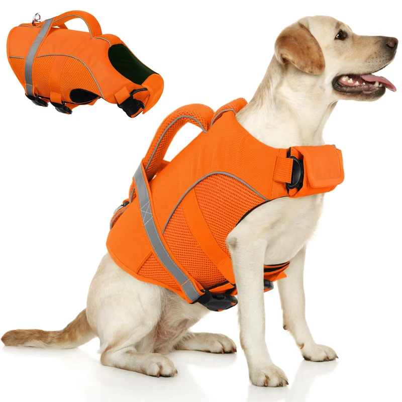 Queenmore Gilet de Natation pour Chien XXL – Gilet de Sauvetage Ajustable en Ripstop Orange