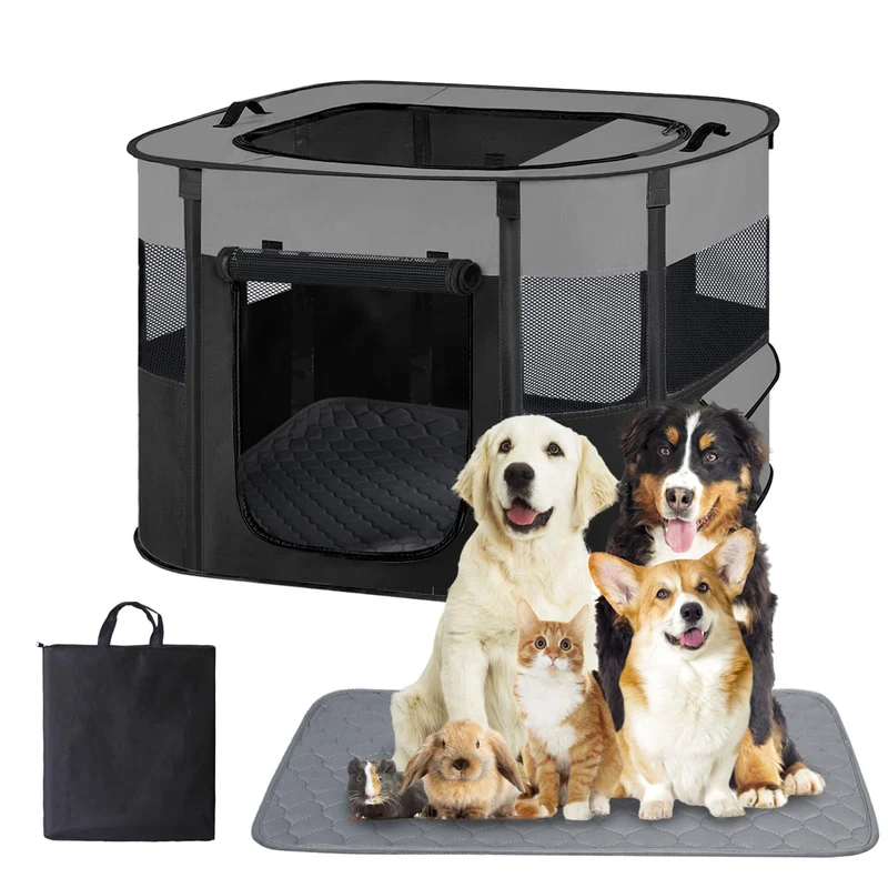 Xihan Enclos de Jeu Portable pour Chiens et Chats — Cage Pliable avec Tapis Imperméable et Toit Maillé (Gris M)