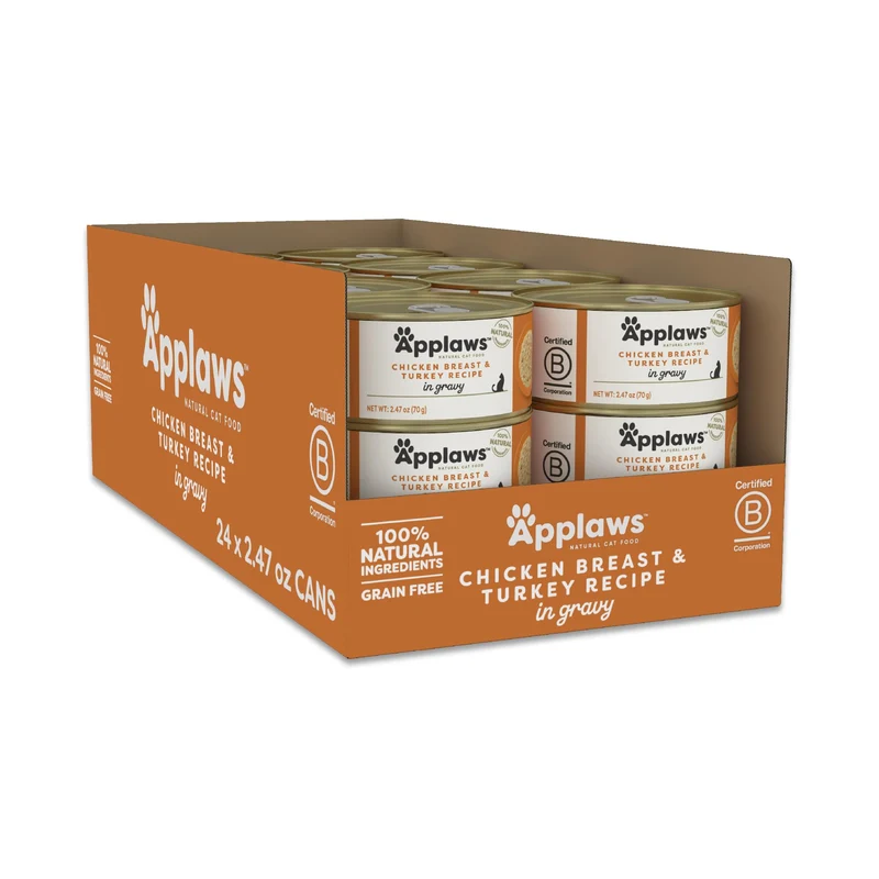 Applaws Nourriture humide naturelle pour chat – Poitrine de poulet et dinde en sauce, ingrédients limités