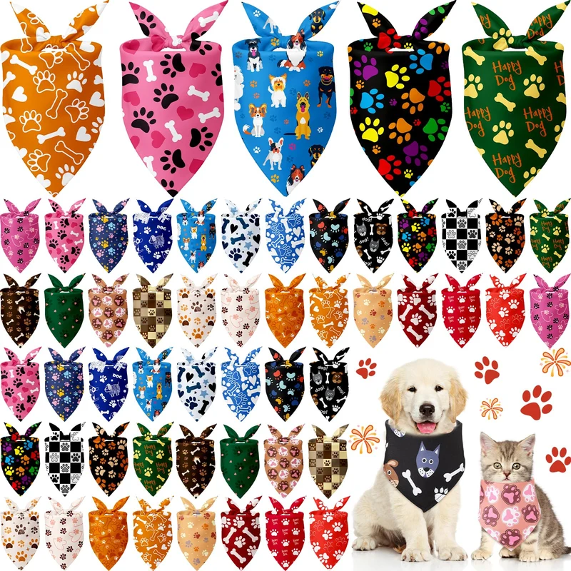 Kacctyen – Lot de 50 foulards pour chiens au motif pattes, triangles ajustables
