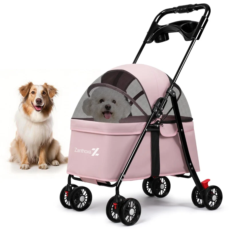Zanthoxa Poussette pour Chien et Chat – Quatre Roues, Pliage en Un Clic, Jusqu’à 15 kg, Pare-Soleil et Filet Respirant
