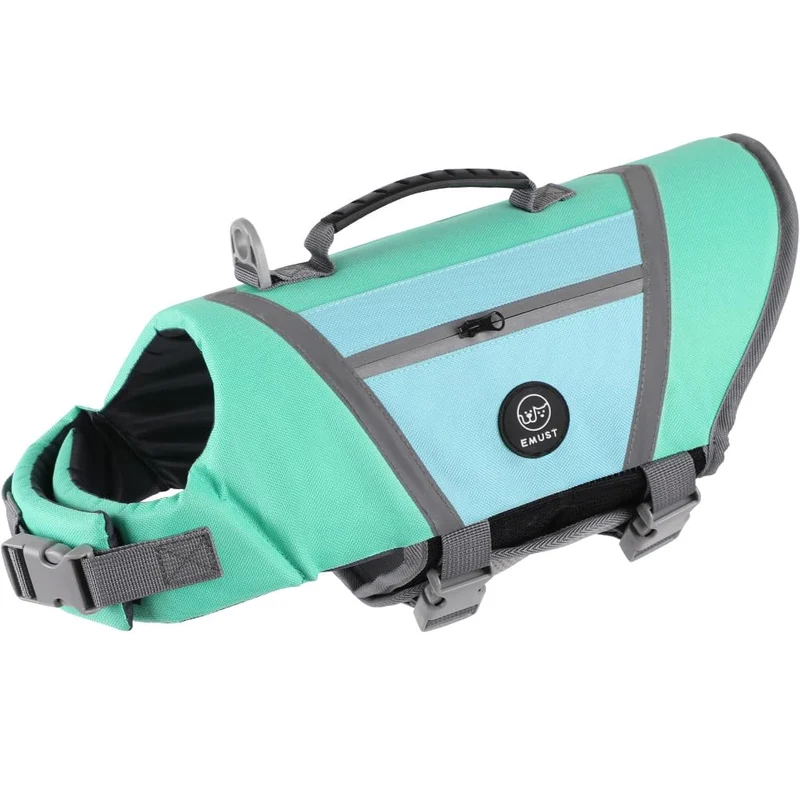 EMUST Gilet de Sauvetage Chien Turquoise – Haute Visibilité, Boucles Rapides, Anneau pour Laisse, Tailles XL