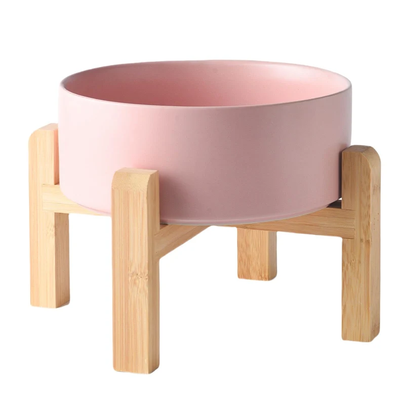 Welloyed Bol Chien Céramique Surélevé 8 Pouces – 70oz Rose, Base Bambou Antidérapante, Lave-vaisselle