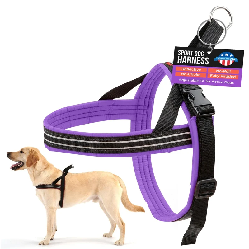 Harnais sport ComfortFlex pour chien – Sans étranglement, rembourré, léger et réglable – Poignée de contrôle, réfléchissant – Taille petite, Violet