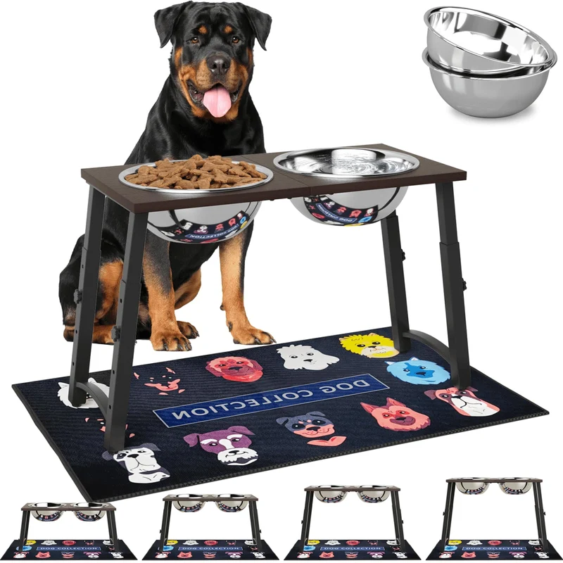 ADENGL Gamelles Élevées pour Chien – 4 Hauteurs Ajustables + Tapis Anti-Débordement (2 Bols Inox 3000 ml)