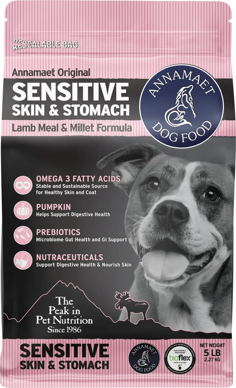 Annamaet Original – Croquettes pour chien à peau sensible et estomac sensible (agneau, poisson blanc et millet), sac de 2,27 kg